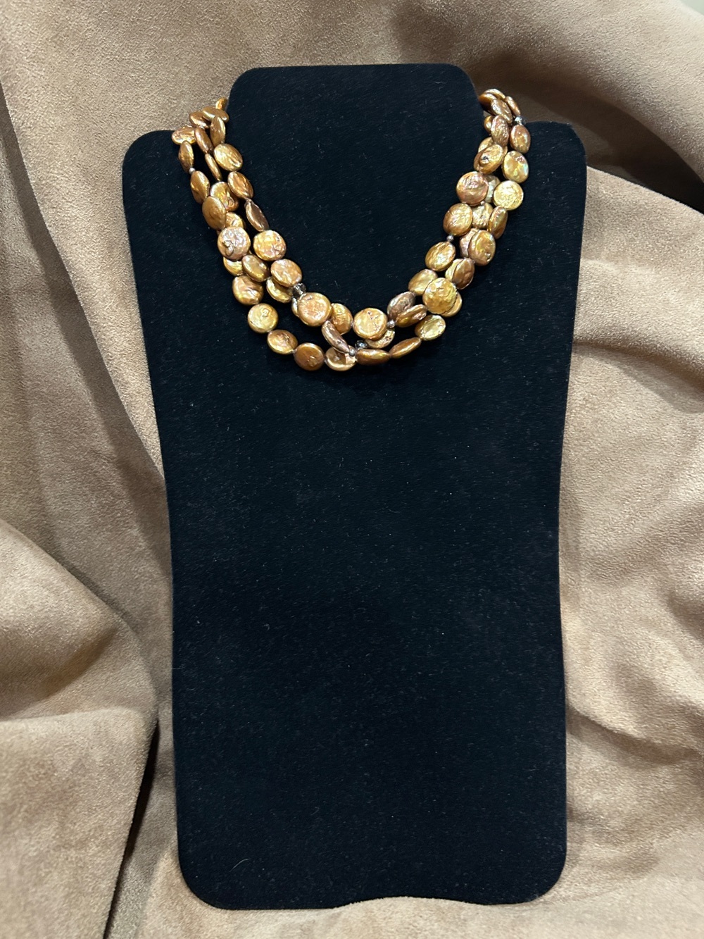 Bronze Coin Pearl, Smoky Quartz and Sterling Silver Necklace